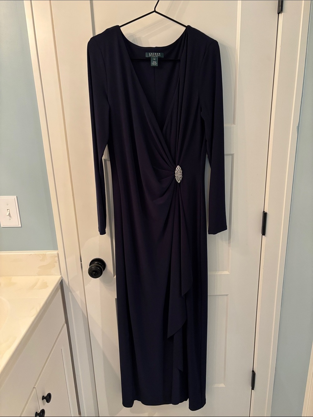 Ralph Lauren Navy Long Sleeve Wrap Gown with Brooch Accent